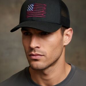 Black Cap with Distressed Flag Embroidery